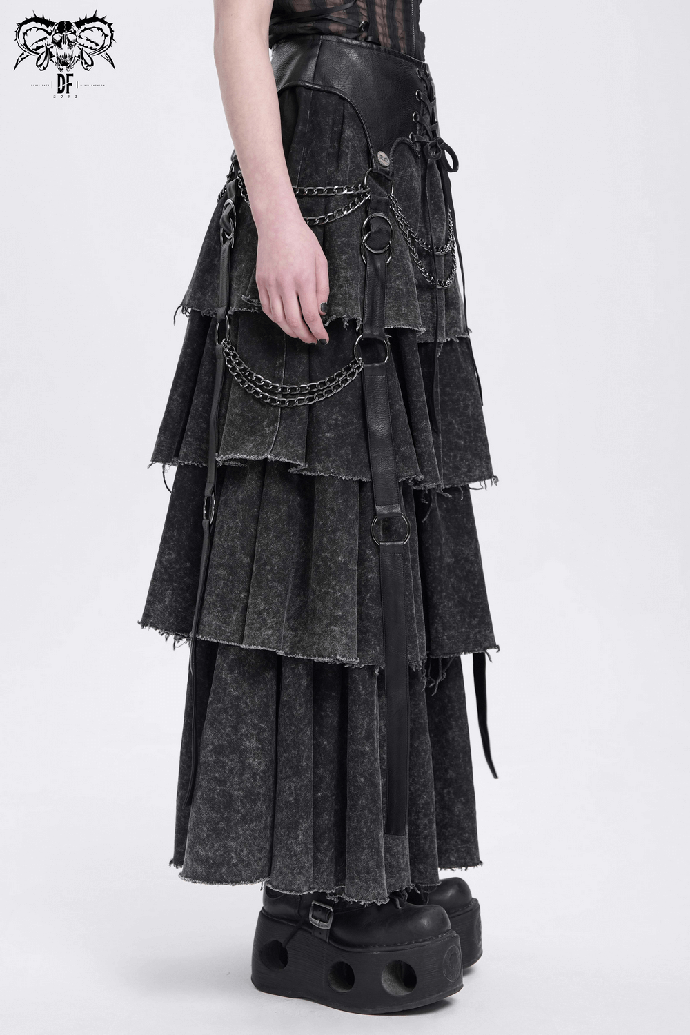 Edgy Layered Gothic Skirt with Chains and Lace-Up