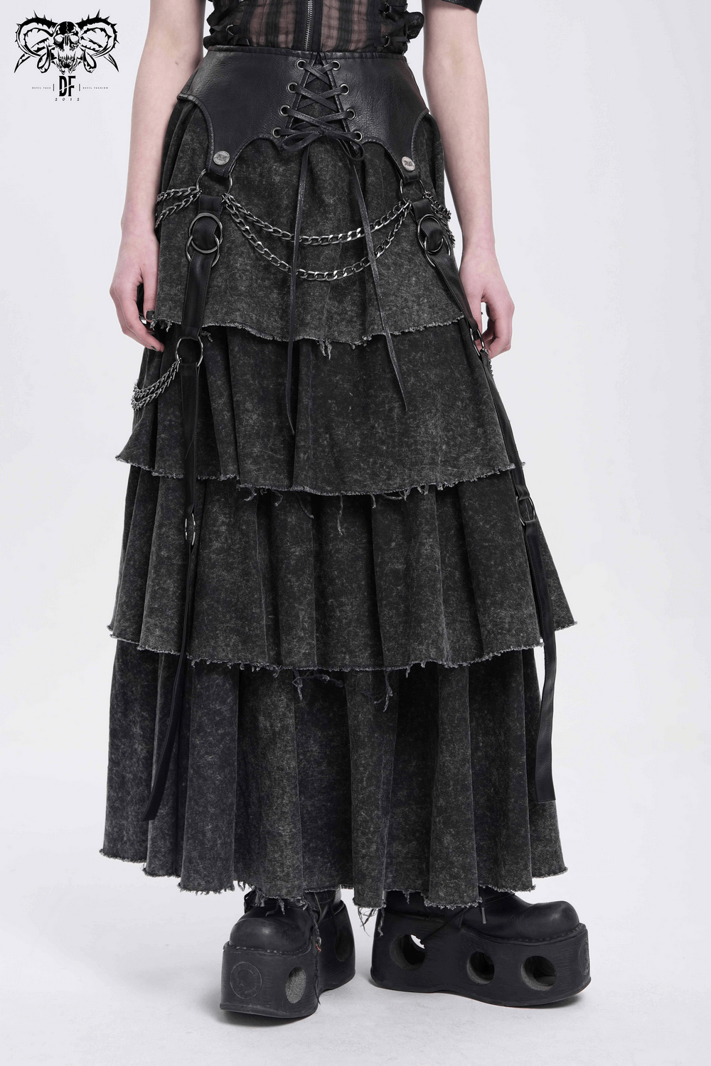 Edgy Layered Gothic Skirt with Chains and Lace-Up