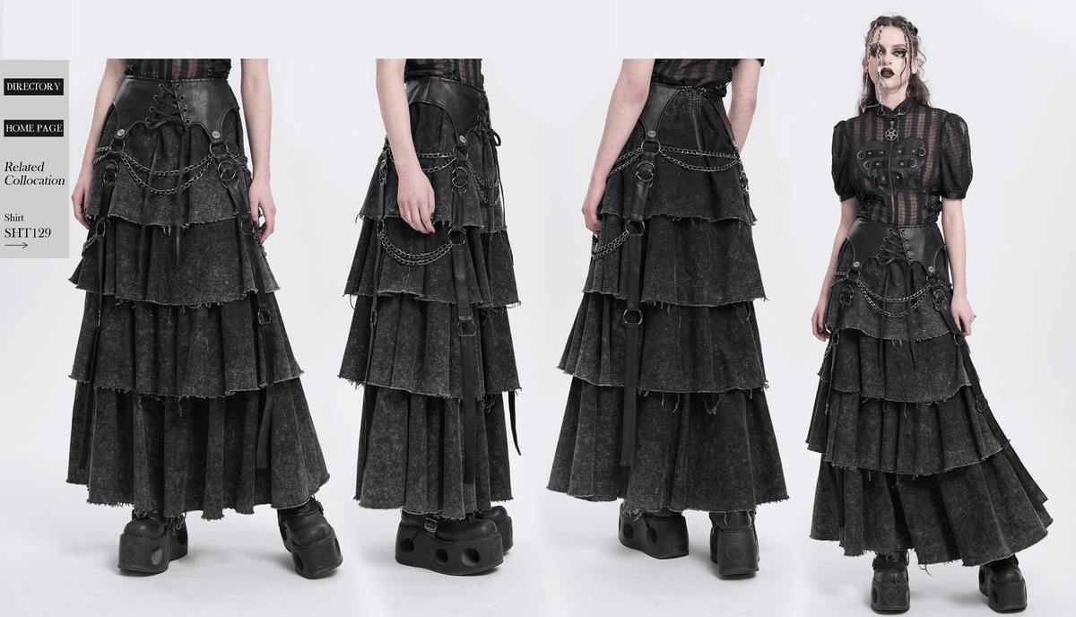 Edgy Layered Gothic Skirt with Chains and Lace-Up