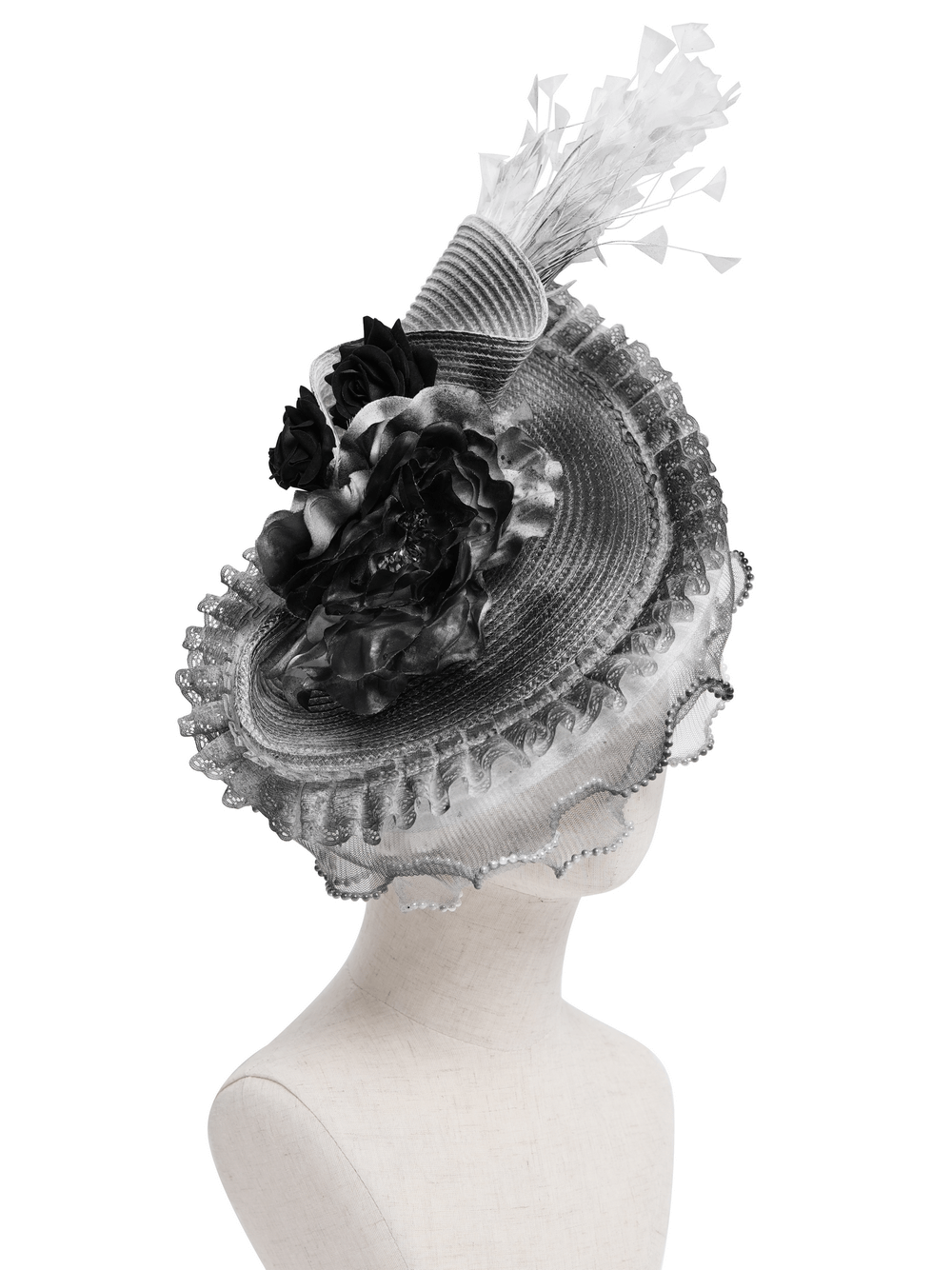 Elegant Black and White Floral Fascinator Hat with Feathers