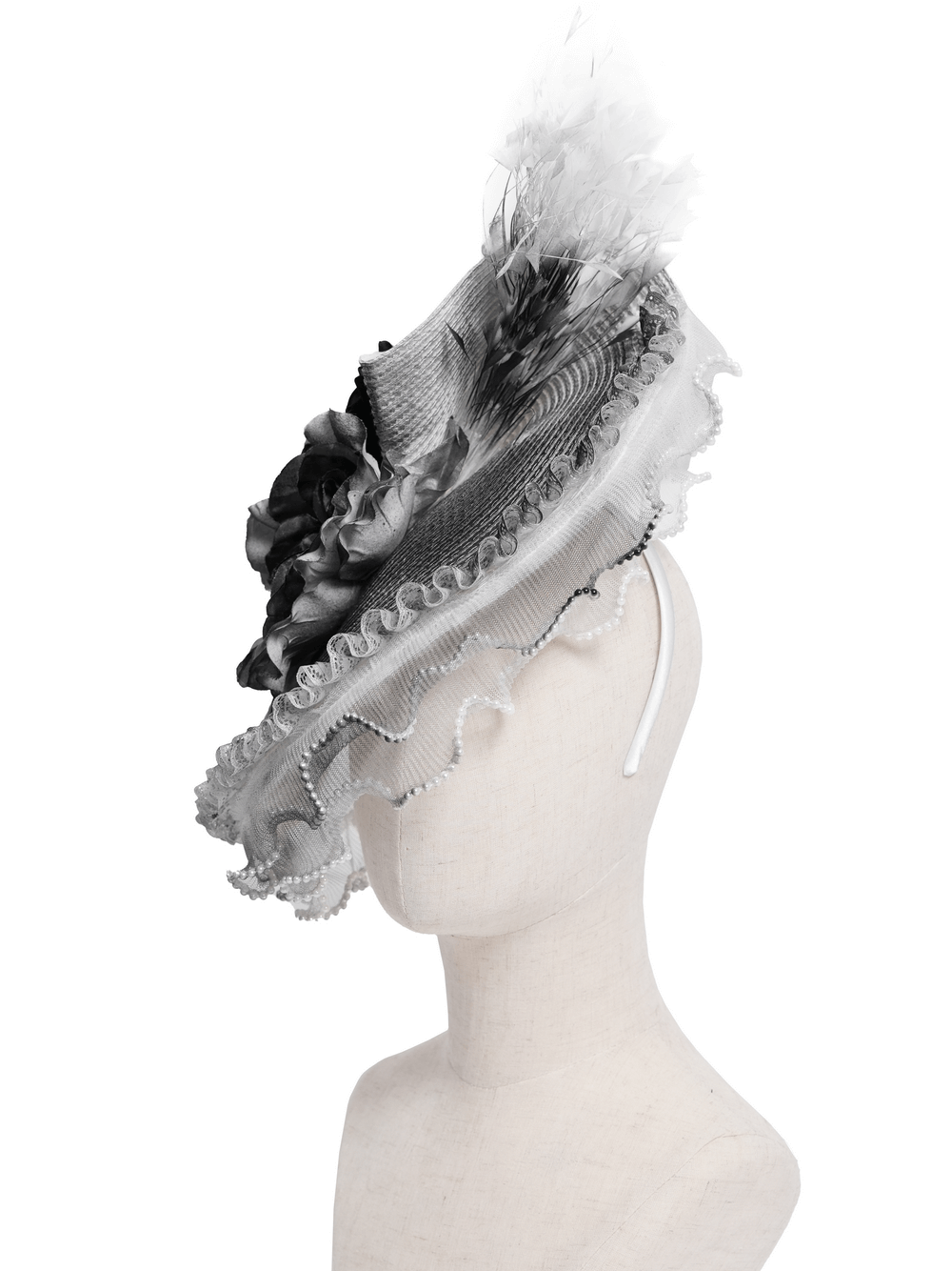 Elegant Black and White Floral Fascinator Hat with Feathers