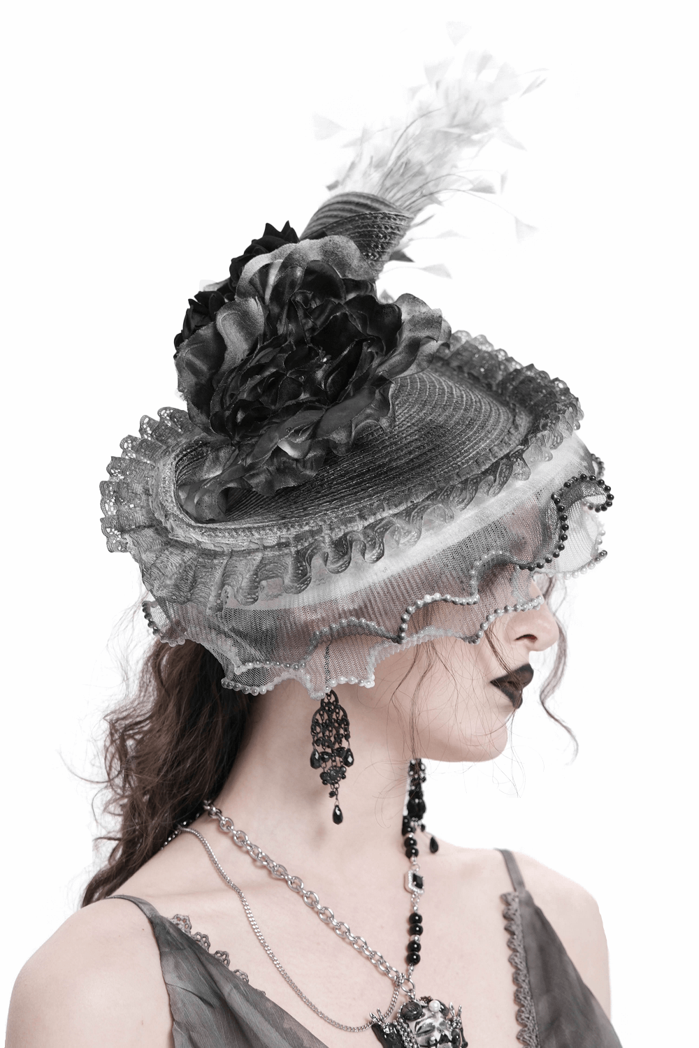 Elegant Black and White Floral Fascinator Hat with Feathers