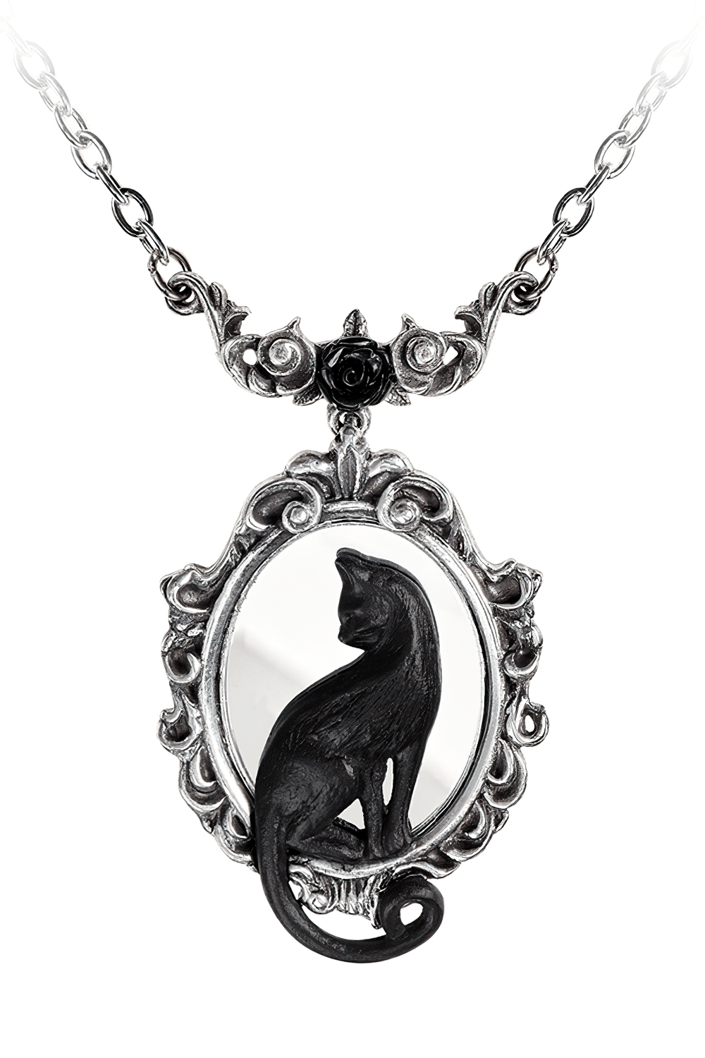 Elegant Black Cat Mirror Necklace with Ornate Frame