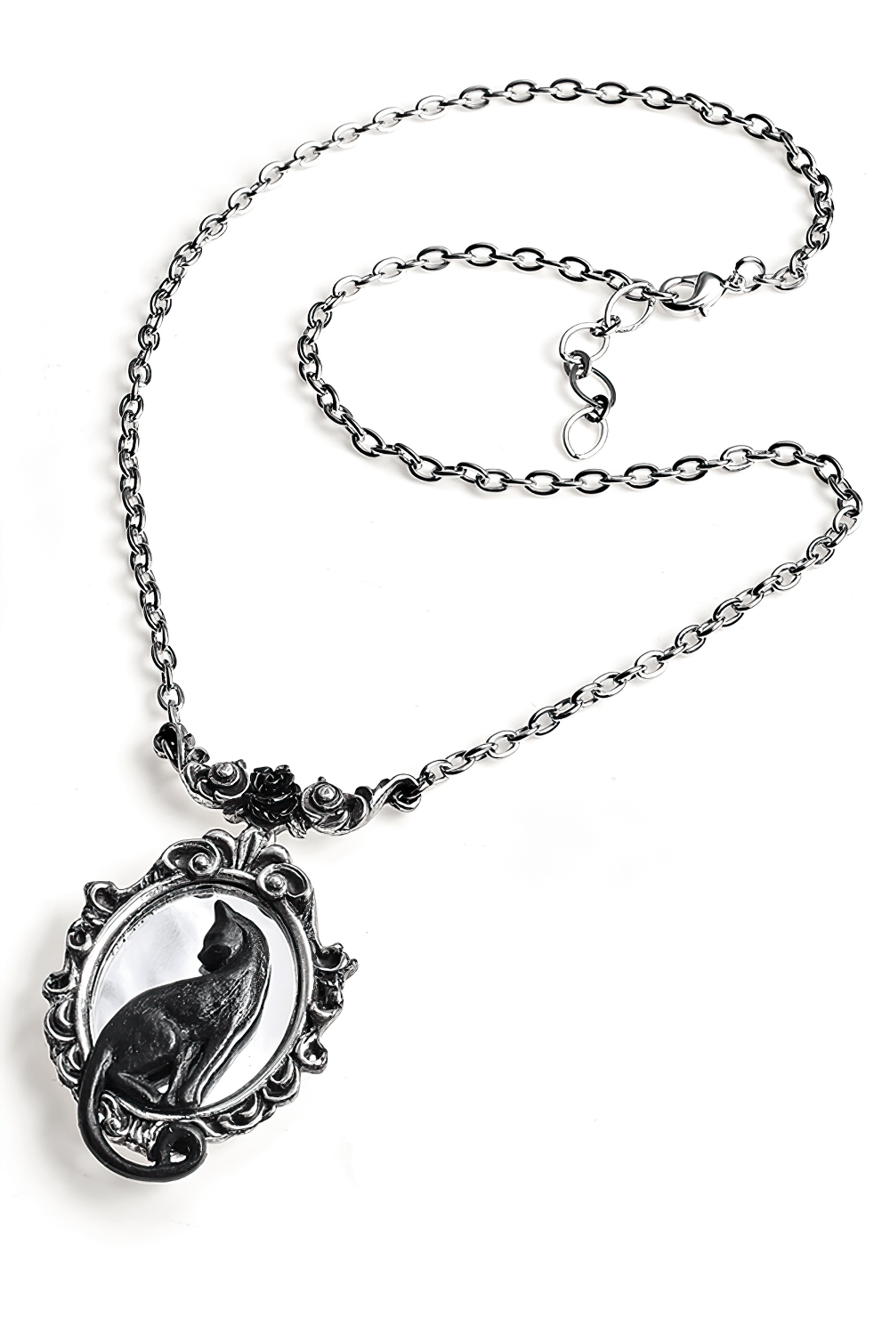 Elegant Black Cat Mirror Necklace with Ornate Frame