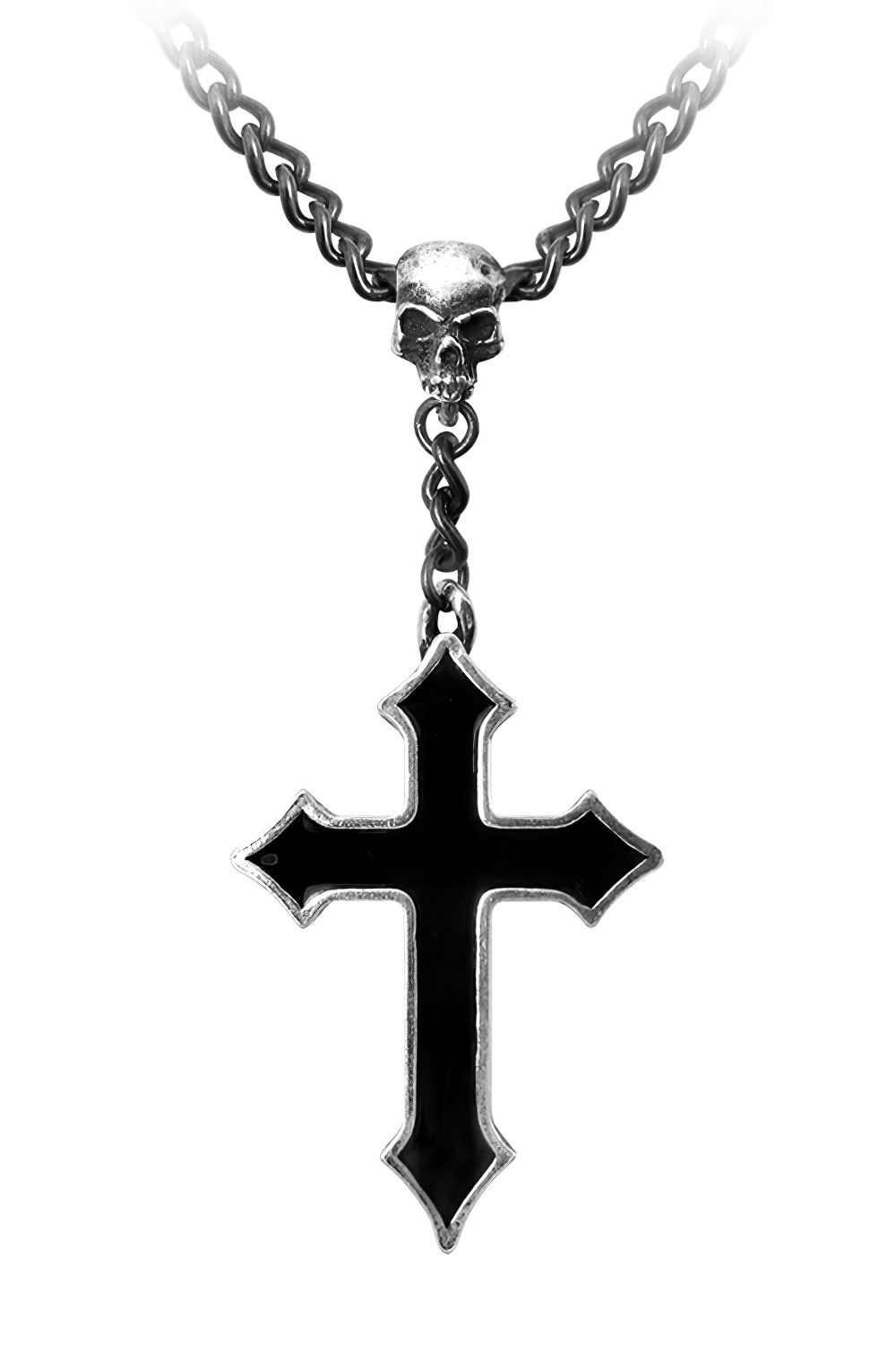 Elegant Black Enamel Cross with Pewter Skull Pendant