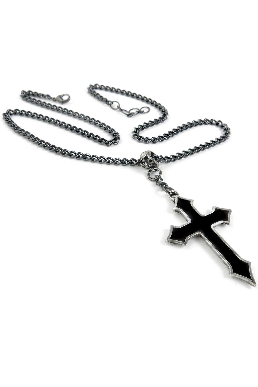 Elegant Black Enamel Cross with Pewter Skull Pendant