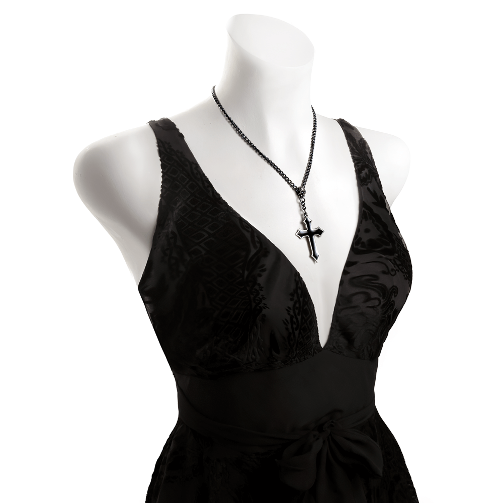 Elegant Black Enamel Cross with Pewter Skull Pendant