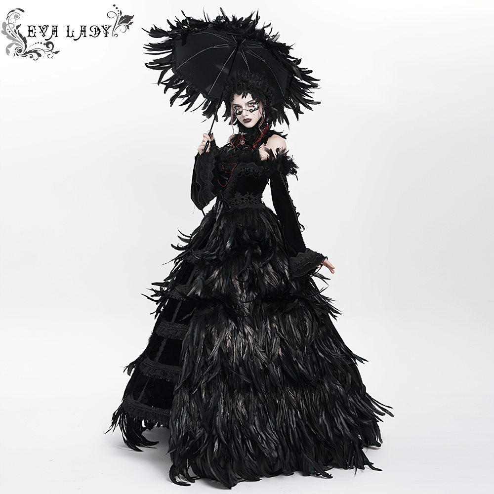 Elegant Black Feathered Gothic Umbrella with Beaded Detail