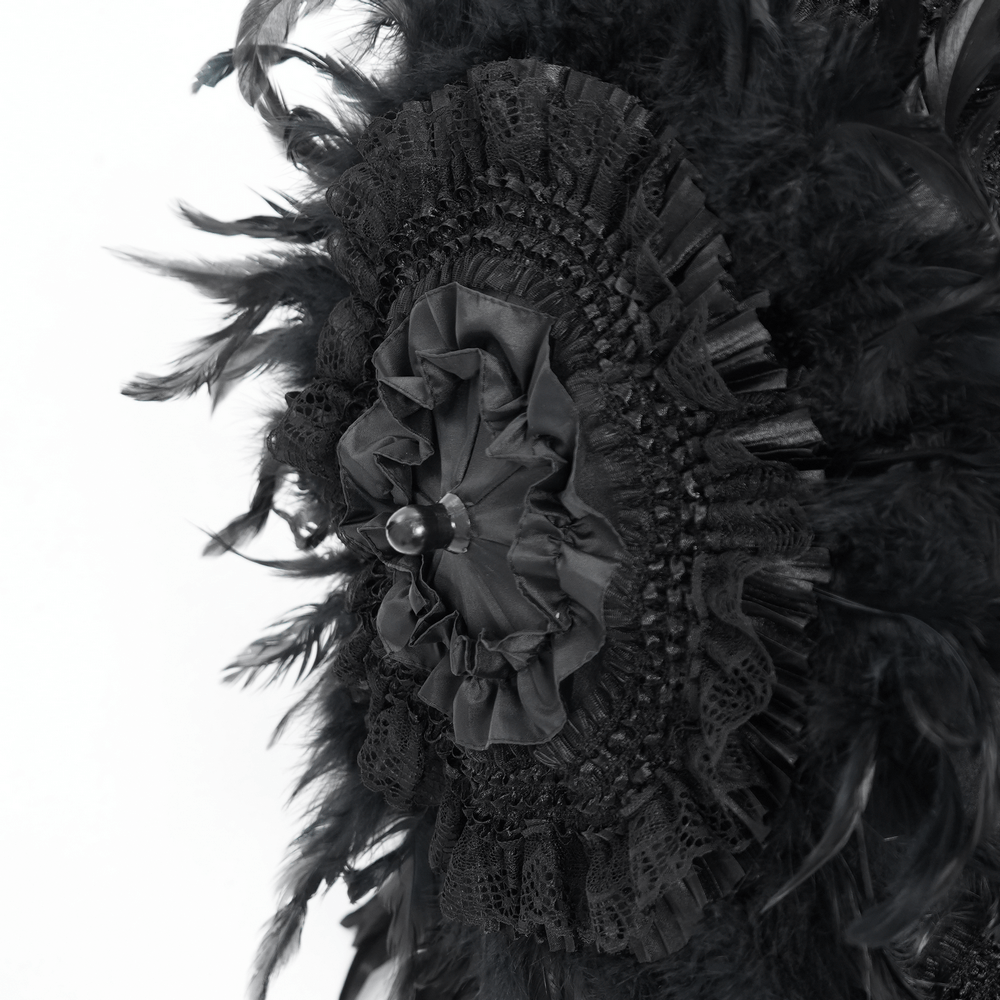 Elegant Black Feathered Gothic Umbrella with Beaded Detail