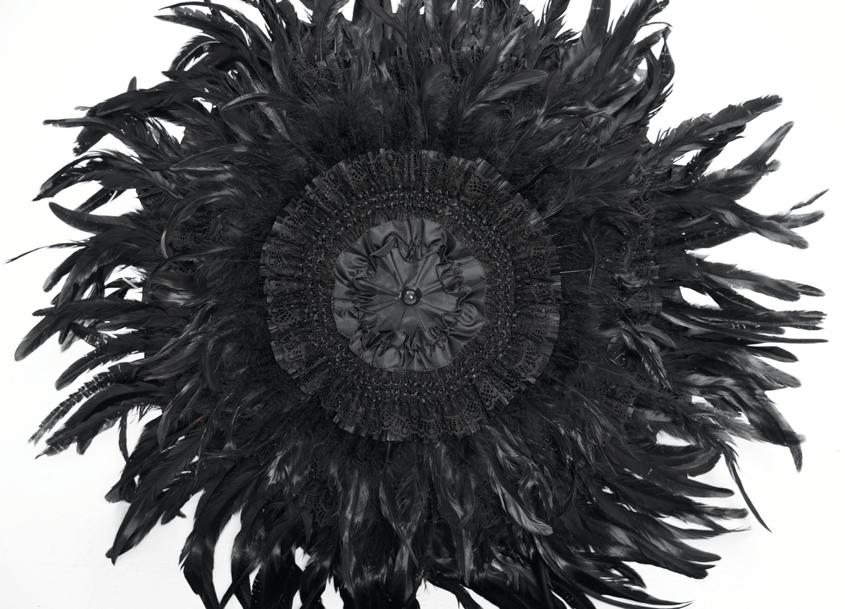 Elegant Black Feathered Gothic Umbrella with Beaded Detail