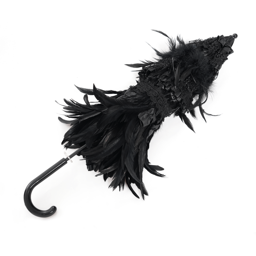 Elegant Black Feathered Gothic Umbrella with Beaded Detail