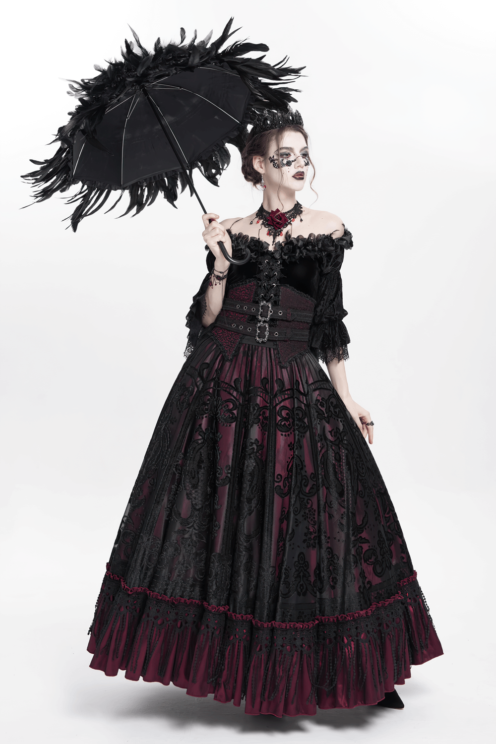 Elegant Black Feathered Gothic Umbrella with Beaded Detail