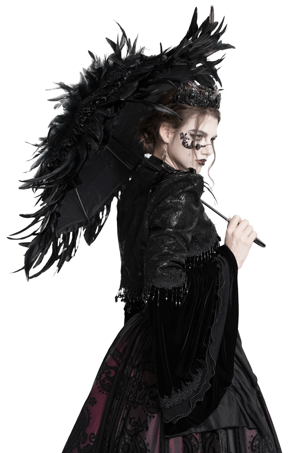 Elegant Black Feathered Gothic Umbrella with Beaded Detail