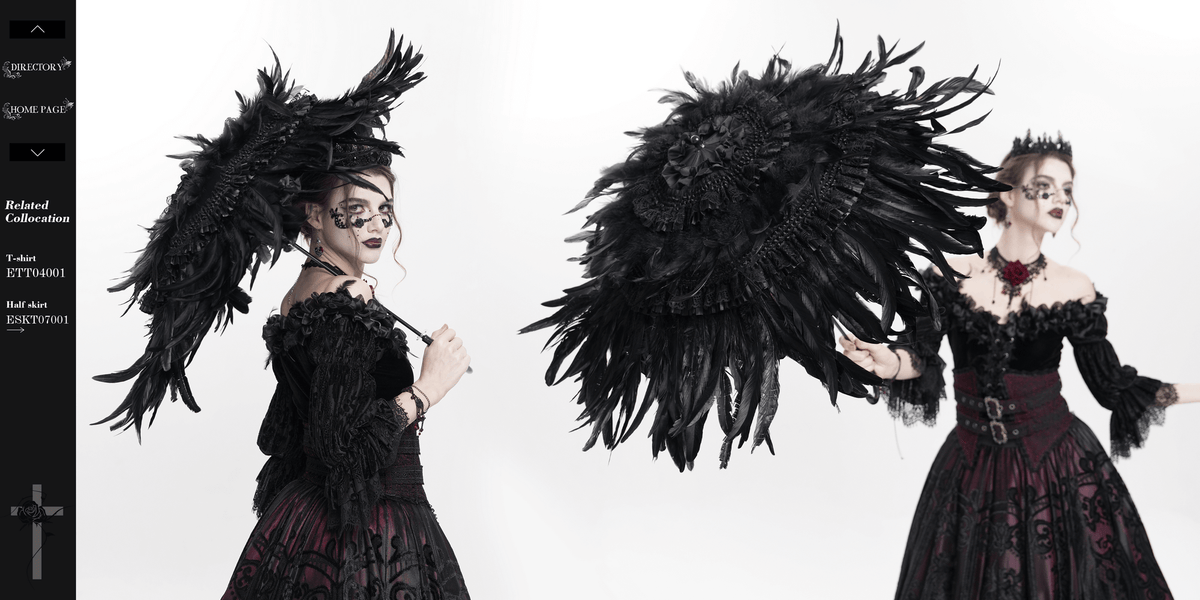 Elegant Black Feathered Gothic Umbrella with Beaded Detail