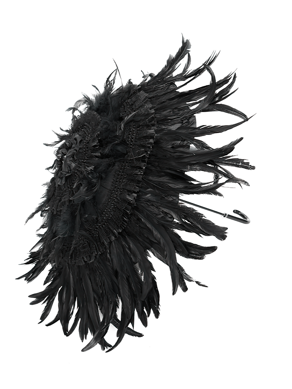 Elegant Black Feathered Gothic Umbrella with Beaded Detail