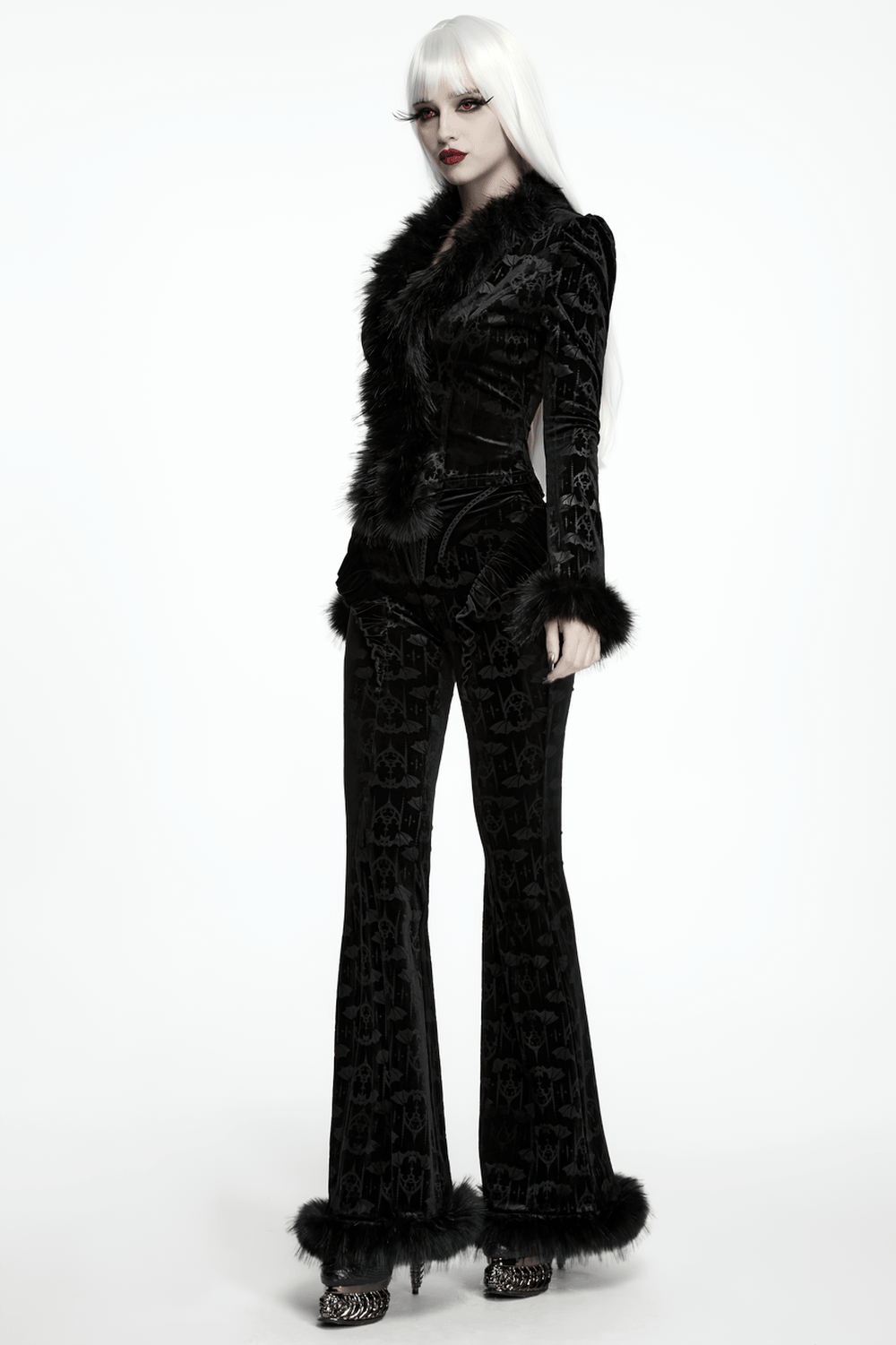 Elegant Black Gothic Bat Velvet Jacket with Faux Fur Trim
