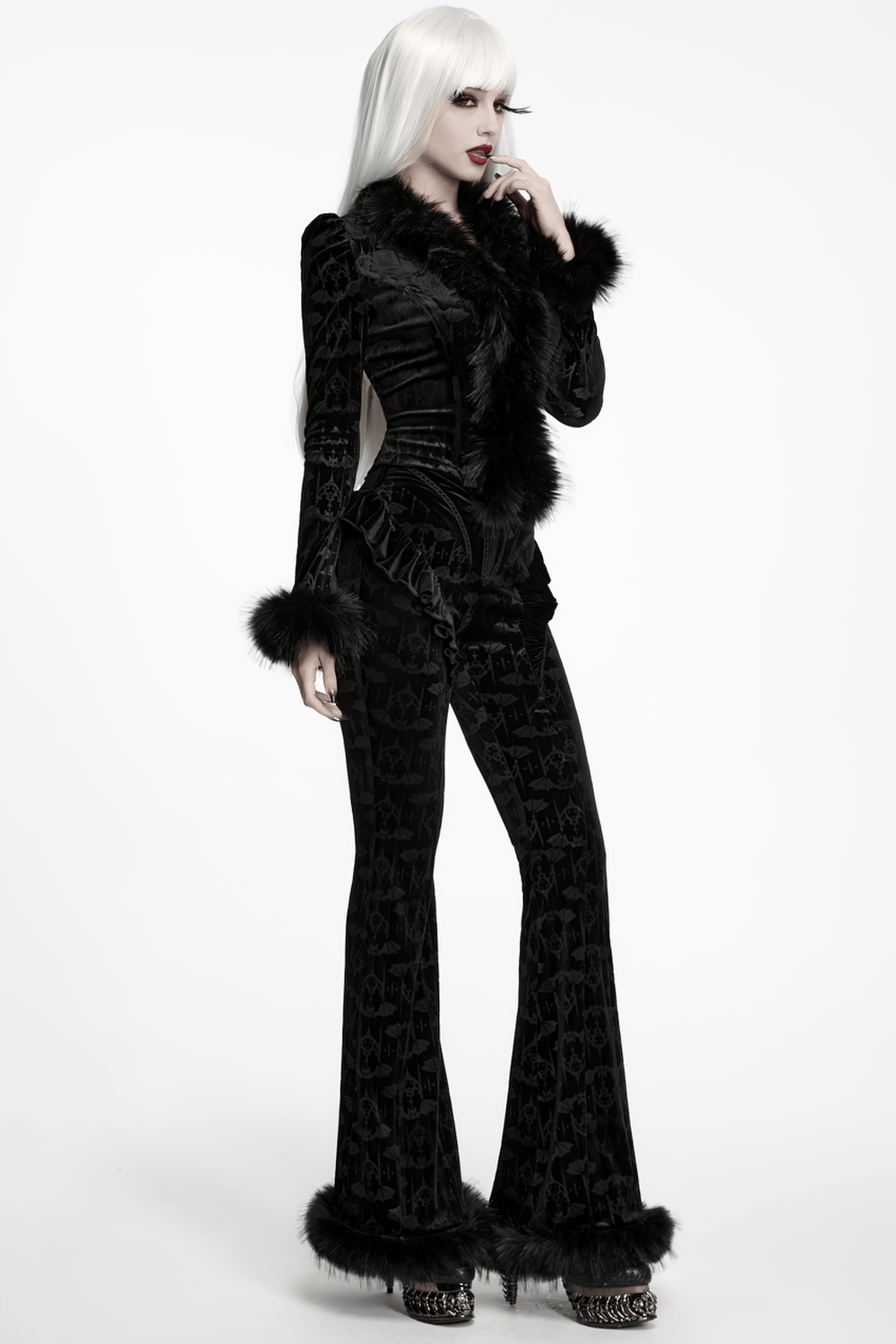 Elegant Black Gothic Bat Velvet Jacket with Faux Fur Trim