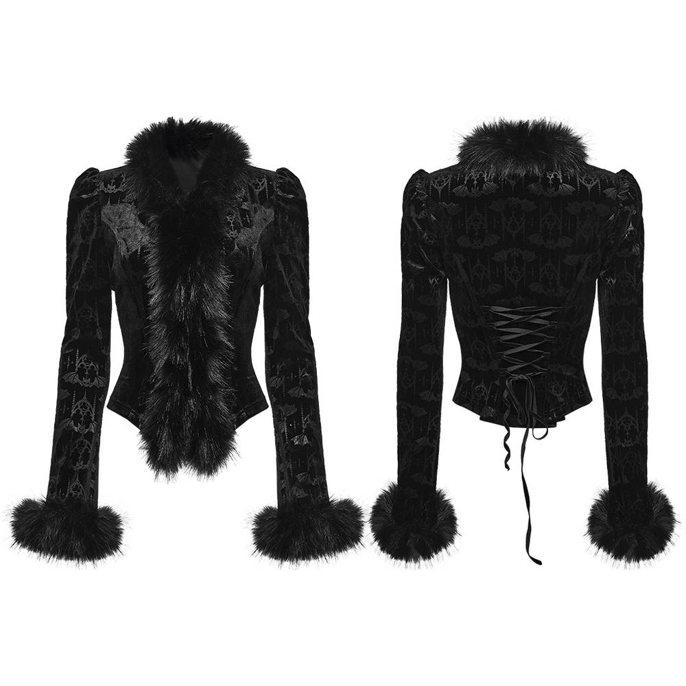 Elegant Black Gothic Bat Velvet Jacket with Faux Fur Trim