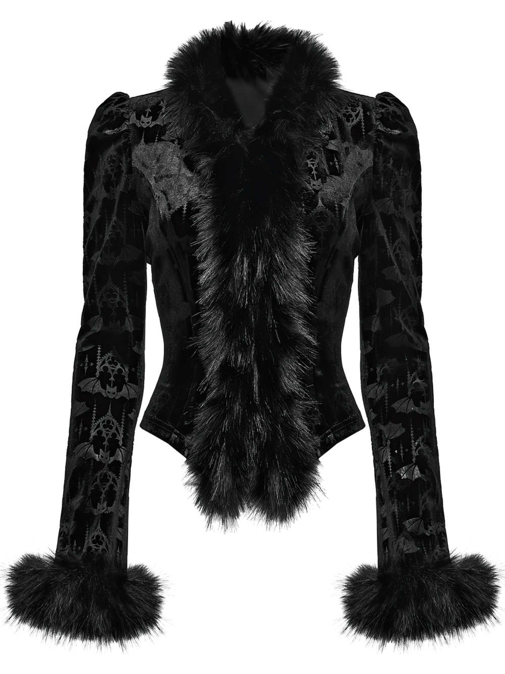 Elegant Black Gothic Bat Velvet Jacket with Faux Fur Trim