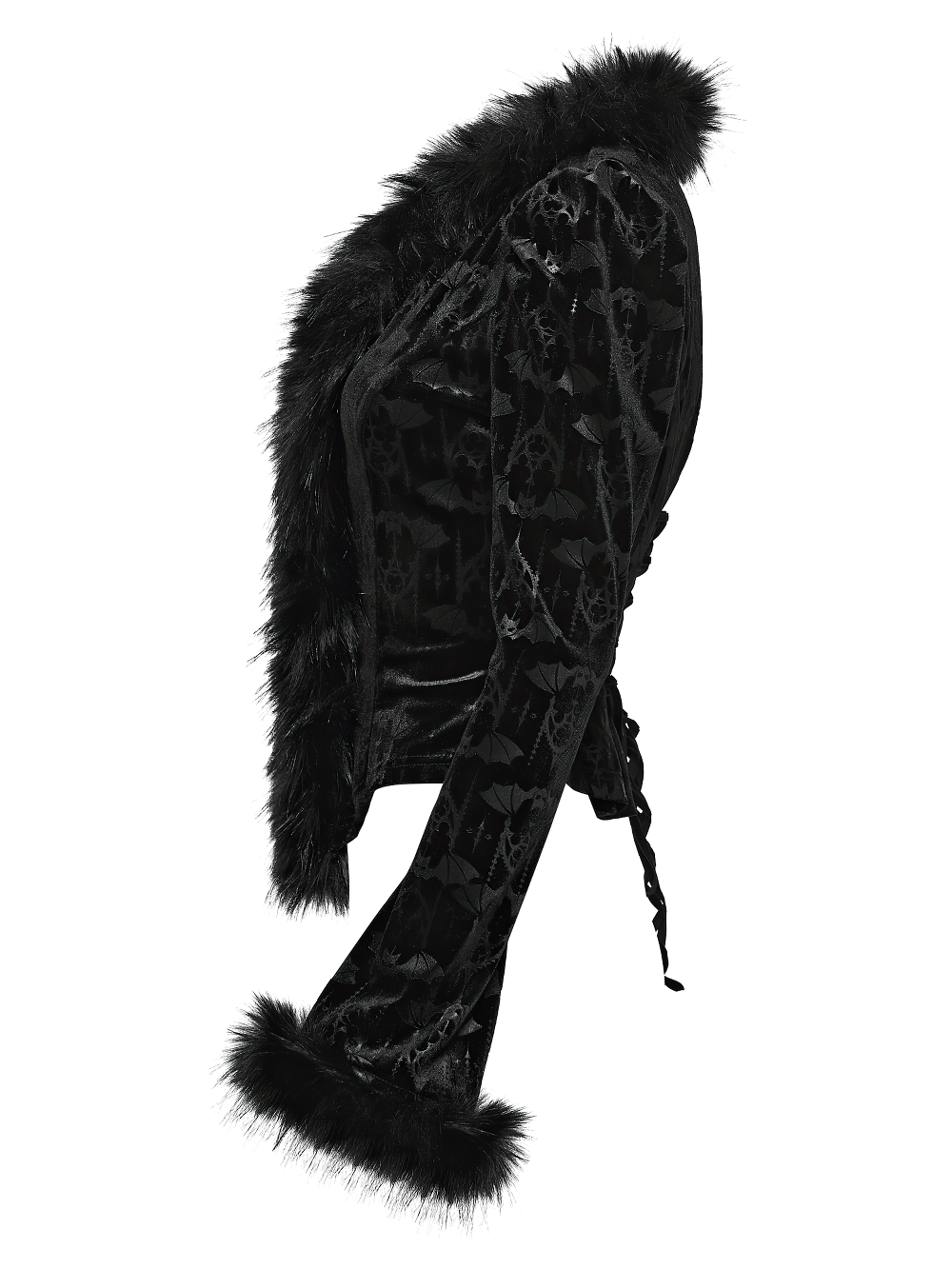Elegant Black Gothic Bat Velvet Jacket with Faux Fur Trim