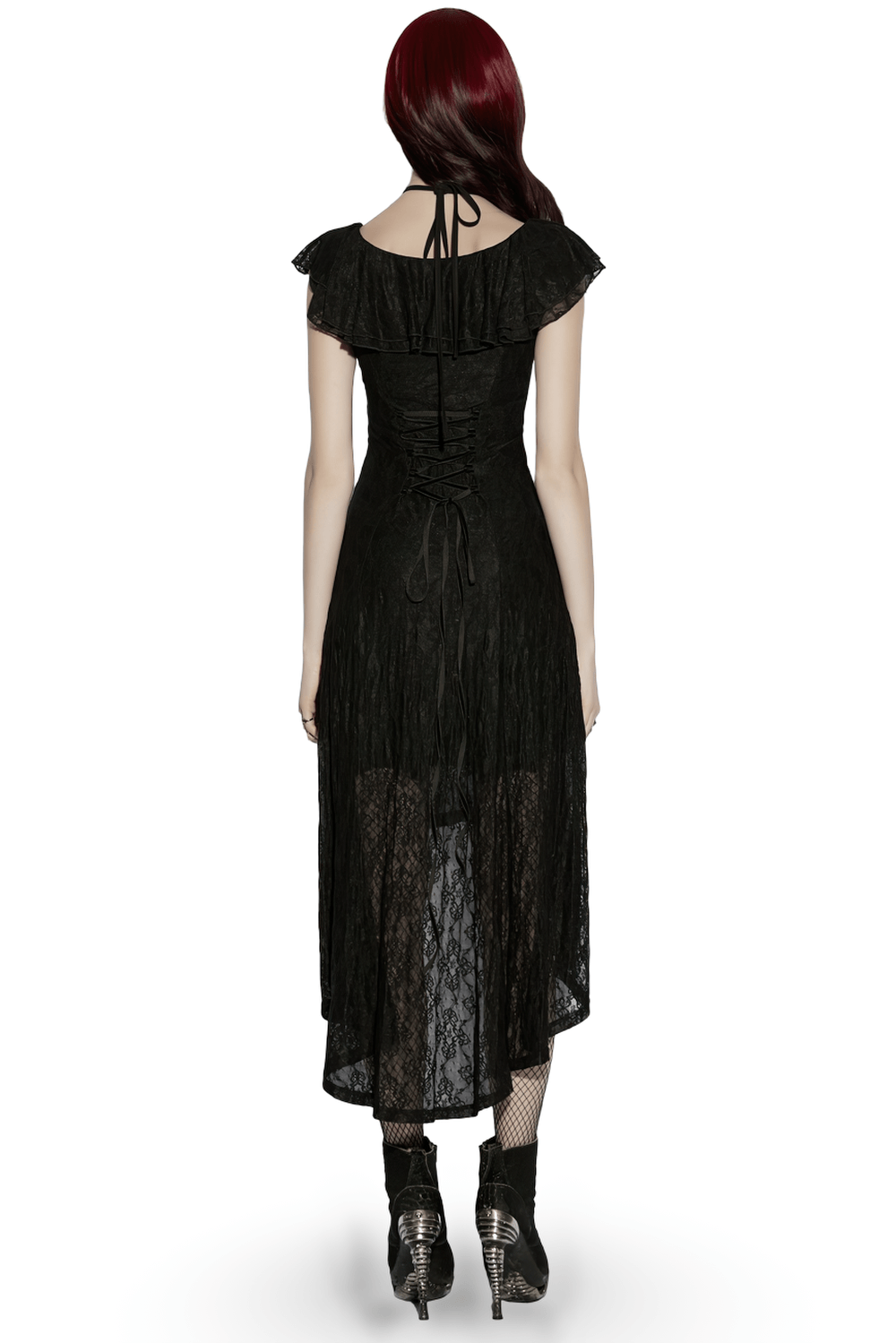 Elegant Black Gothic Lace High Low Hollow Ruffle Dress