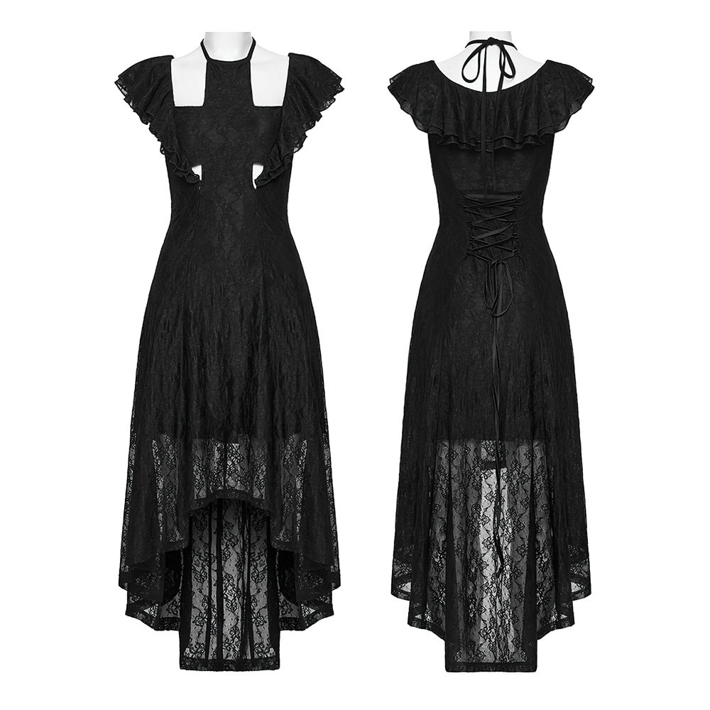Elegant Black Gothic Lace High Low Hollow Ruffle Dress