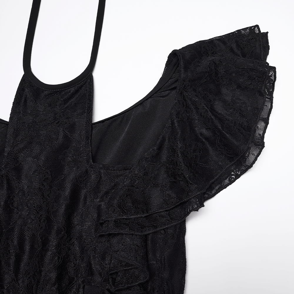 Elegant Black Gothic Lace High Low Hollow Ruffle Dress