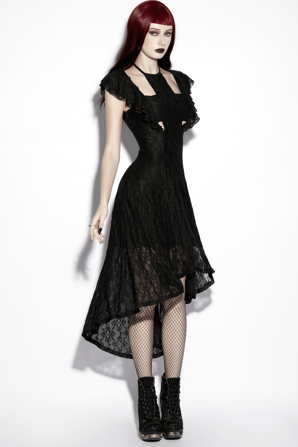 Elegant Black Gothic Lace High Low Hollow Ruffle Dress