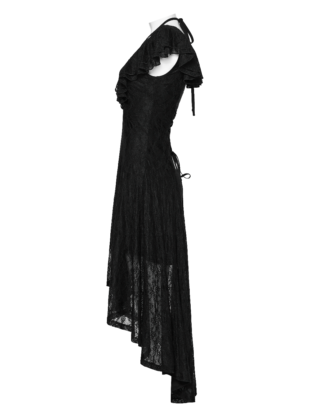 Elegant Black Gothic Lace High Low Hollow Ruffle Dress