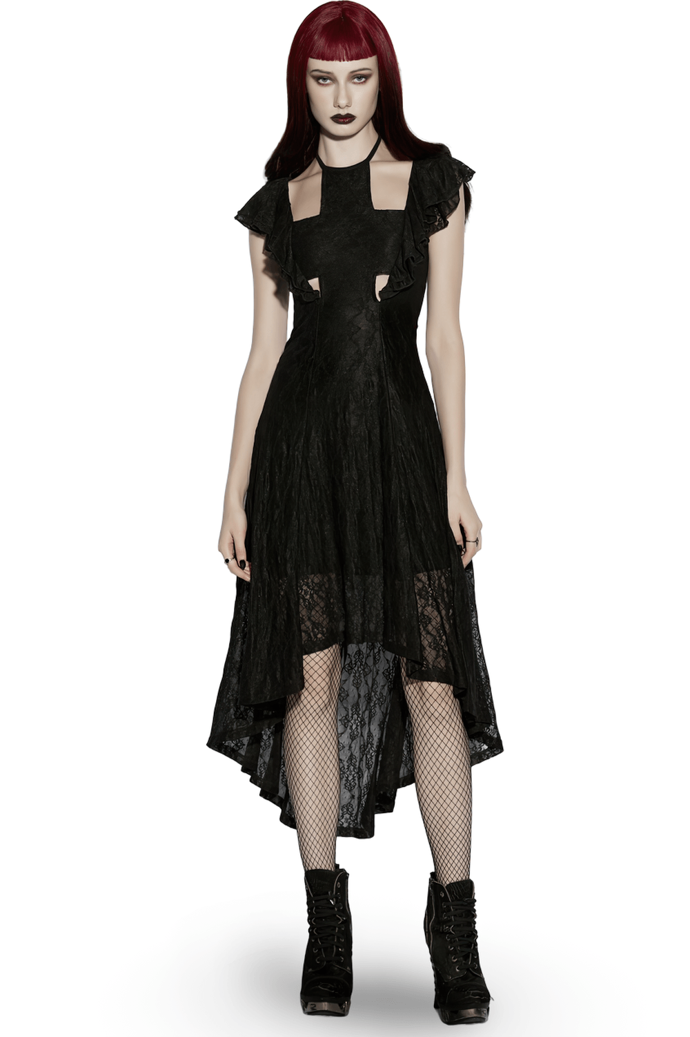 Elegant Black Gothic Lace High Low Hollow Ruffle Dress