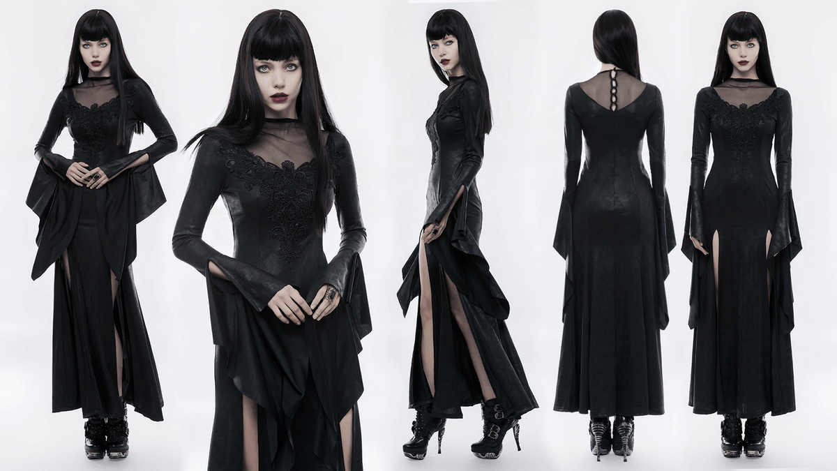 Elegant Black Gothic Mesh Lace High Slit Witch Dress