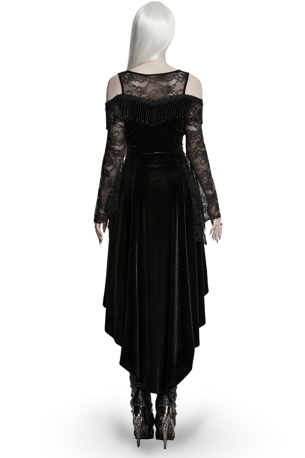 Elegant Black Gothic Velvet High-Low Dress with Lace Sleeves