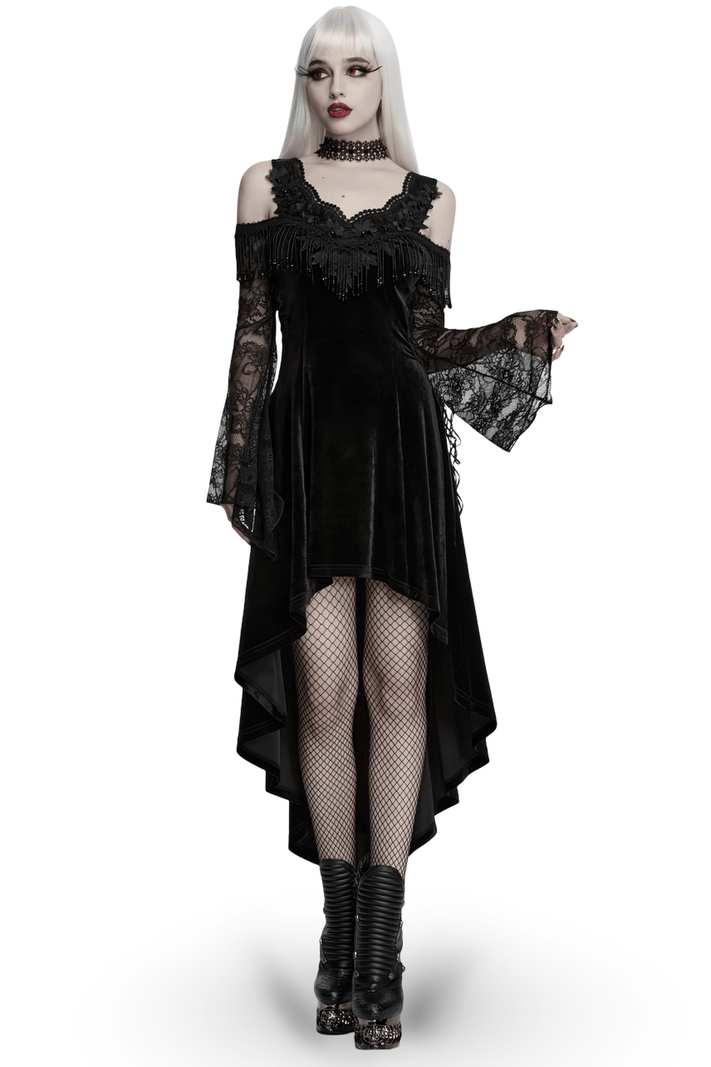 Elegant Black Gothic Velvet High-Low Dress with Lace Sleeves