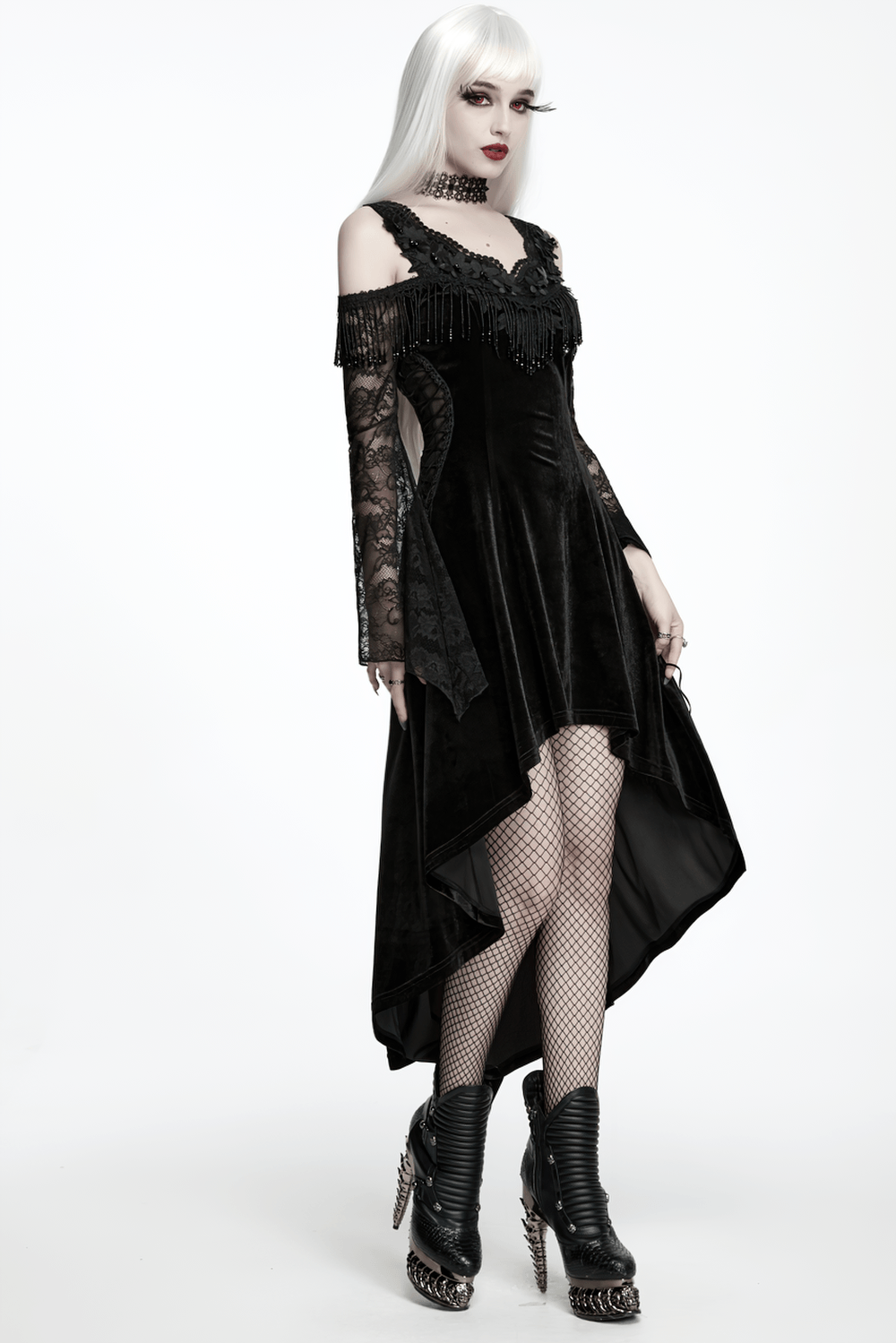 Elegant Black Gothic Velvet High-Low Dress with Lace Sleeves