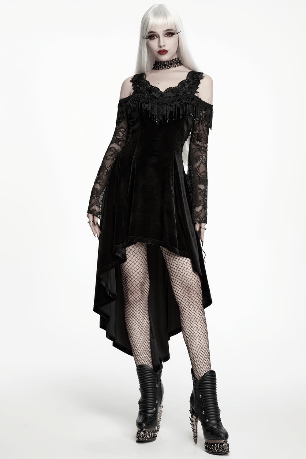 Elegant Black Gothic Velvet High-Low Dress with Lace Sleeves