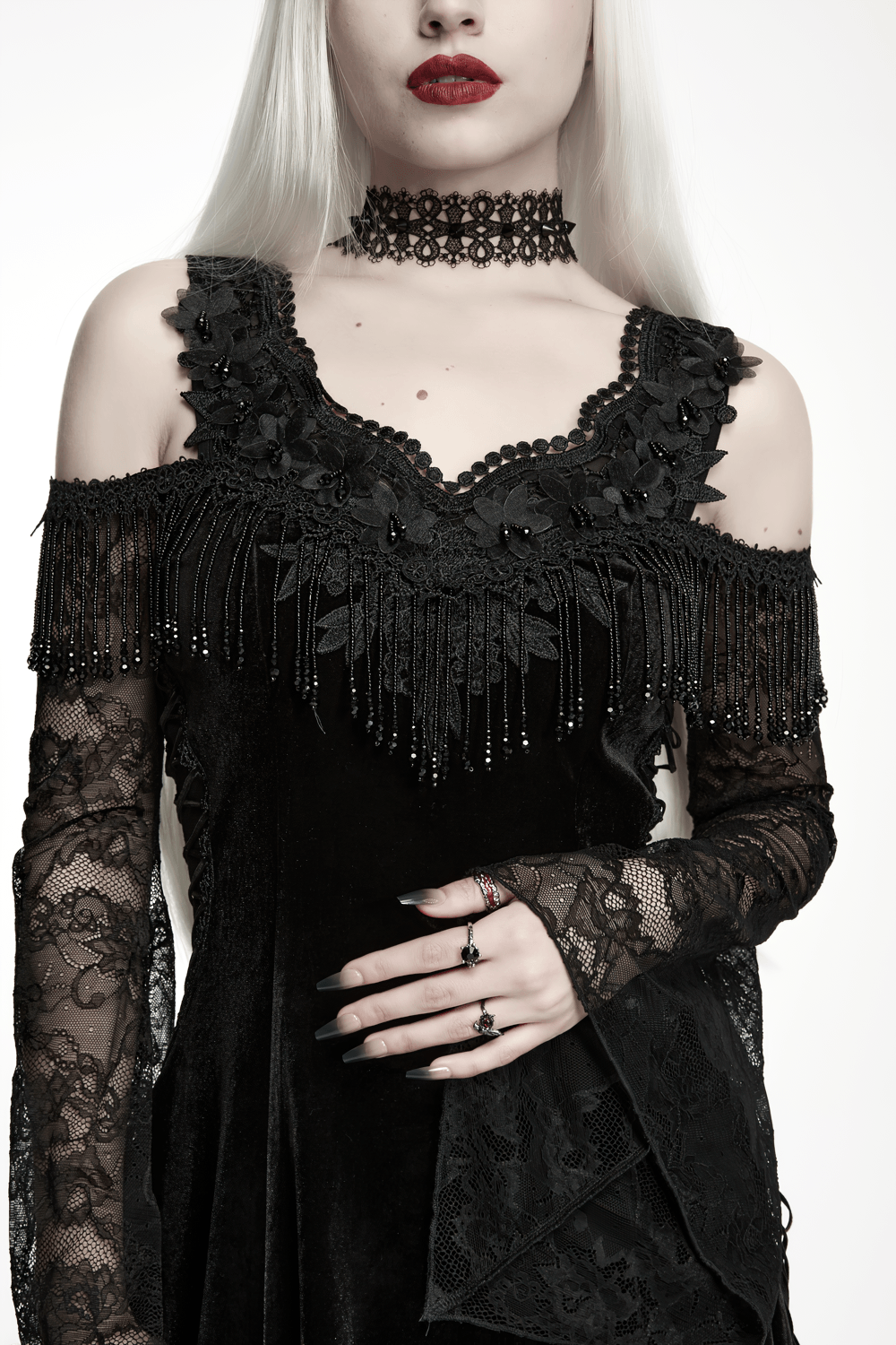 Elegant Black Gothic Velvet High-Low Dress with Lace Sleeves