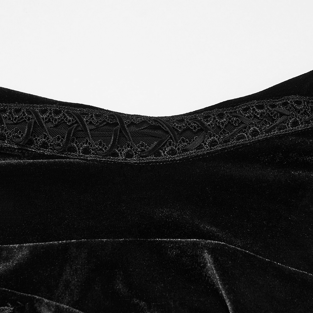 Elegant Black Gothic Velvet High-Low Dress with Lace Sleeves