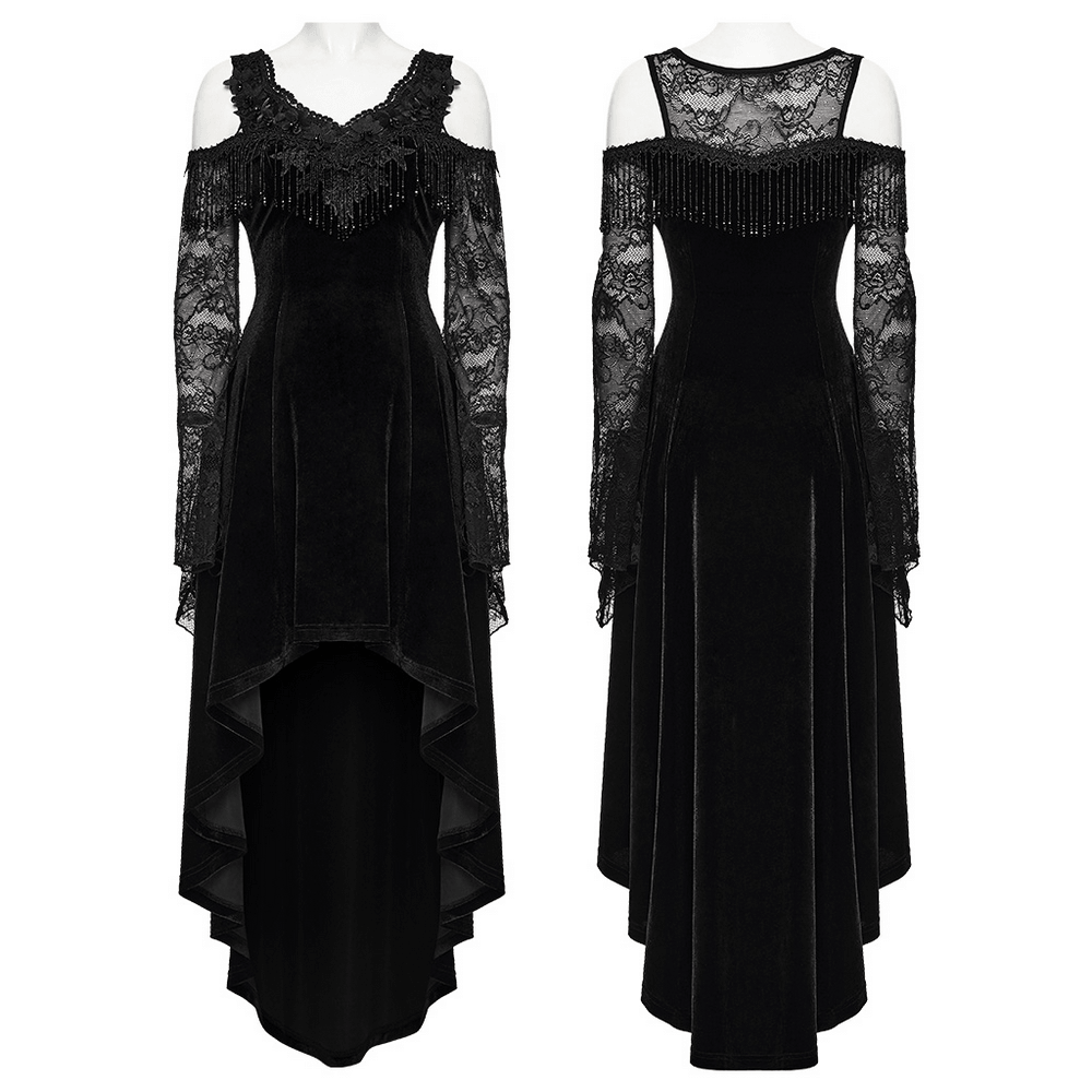 Elegant Black Gothic Velvet High-Low Dress with Lace Sleeves