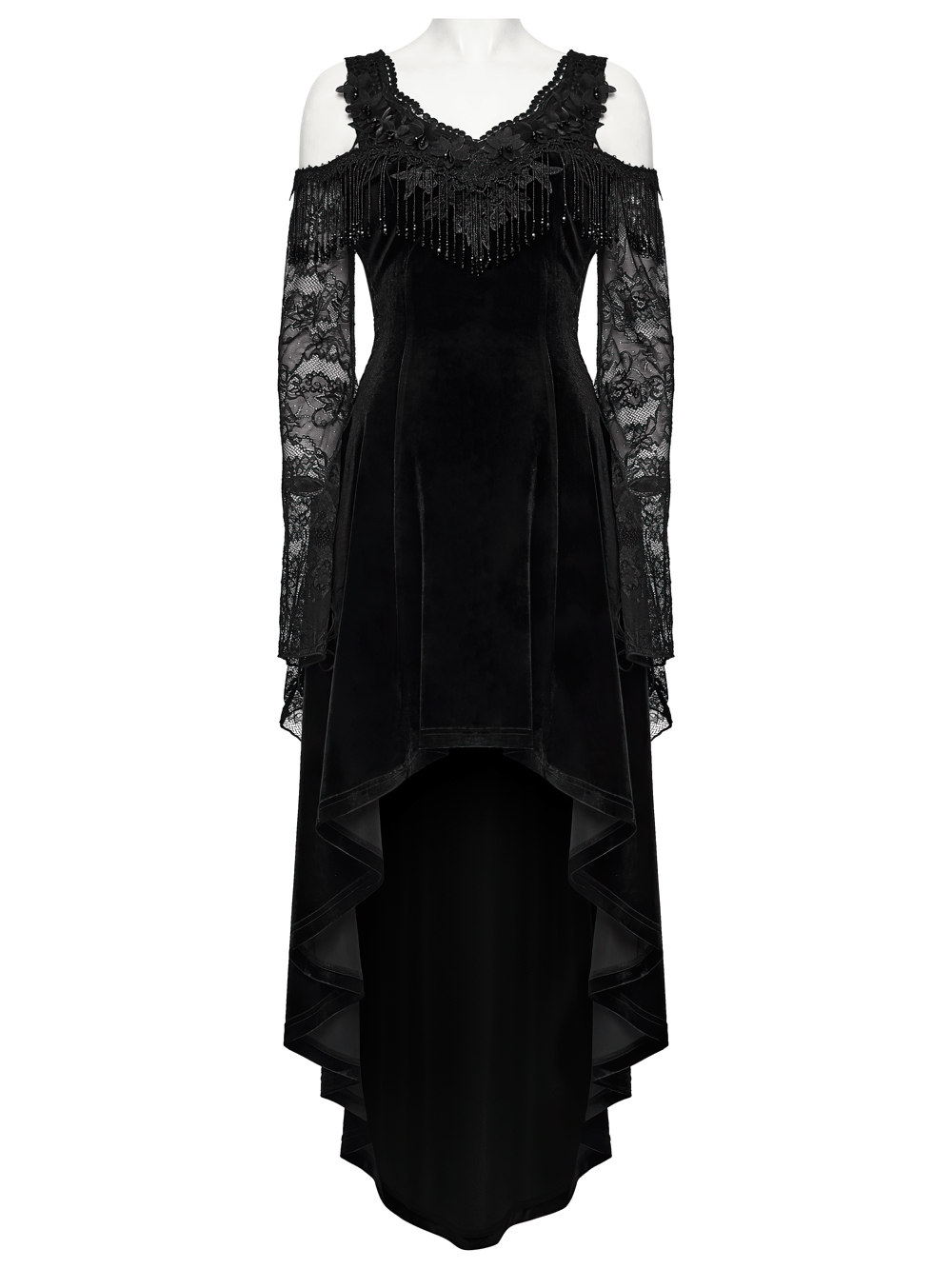Elegant Black Gothic Velvet High-Low Dress with Lace Sleeves