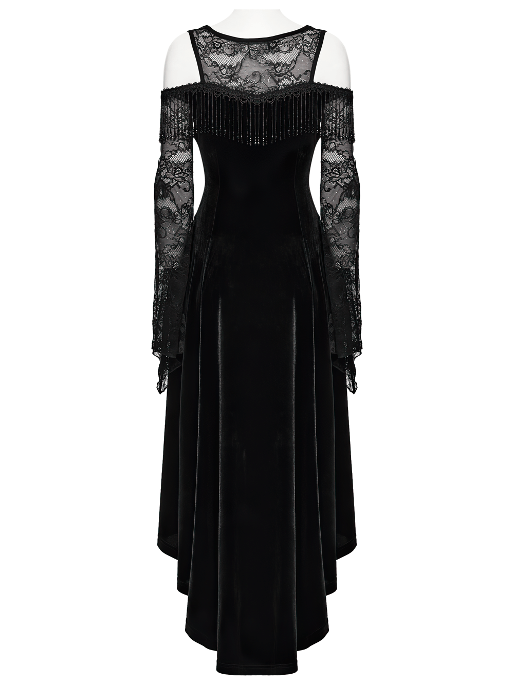 Elegant Black Gothic Velvet High-Low Dress with Lace Sleeves