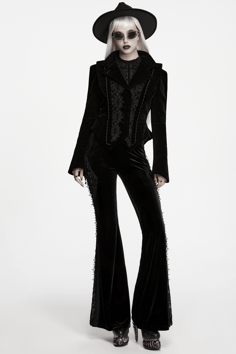 Elegant Black Gothic Velvet Jacket with Lace Detail