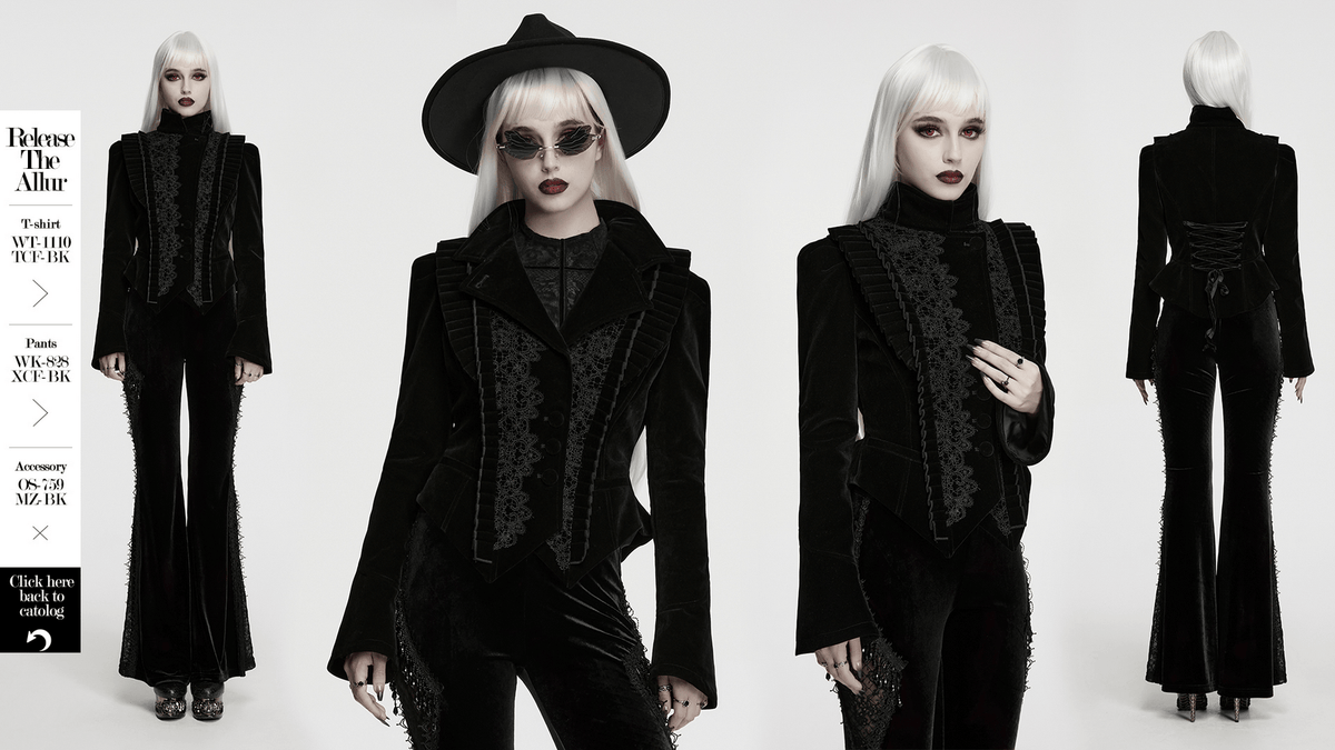 Elegant Black Gothic Velvet Jacket with Lace Detail