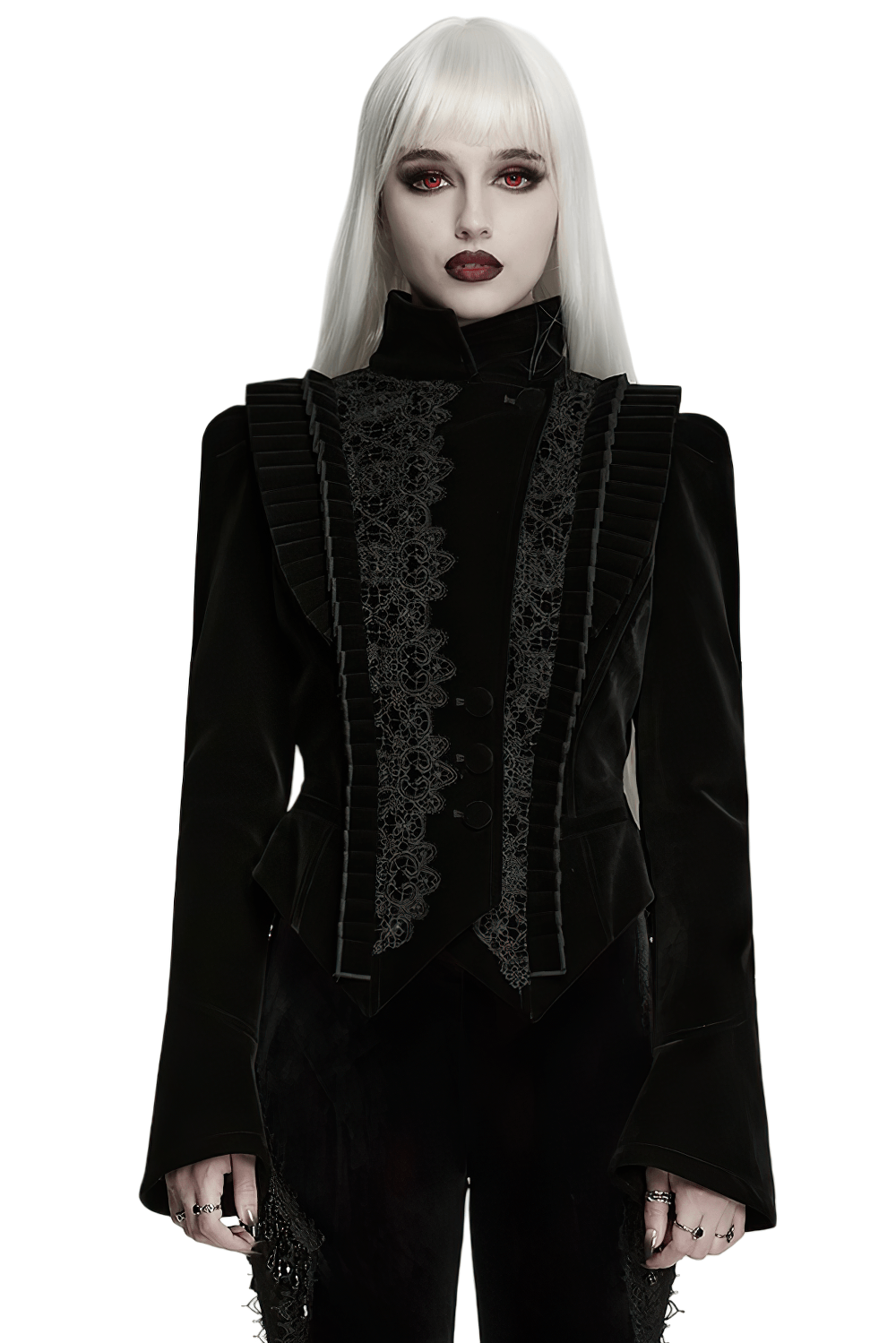 Elegant Black Gothic Velvet Jacket with Lace Detail
