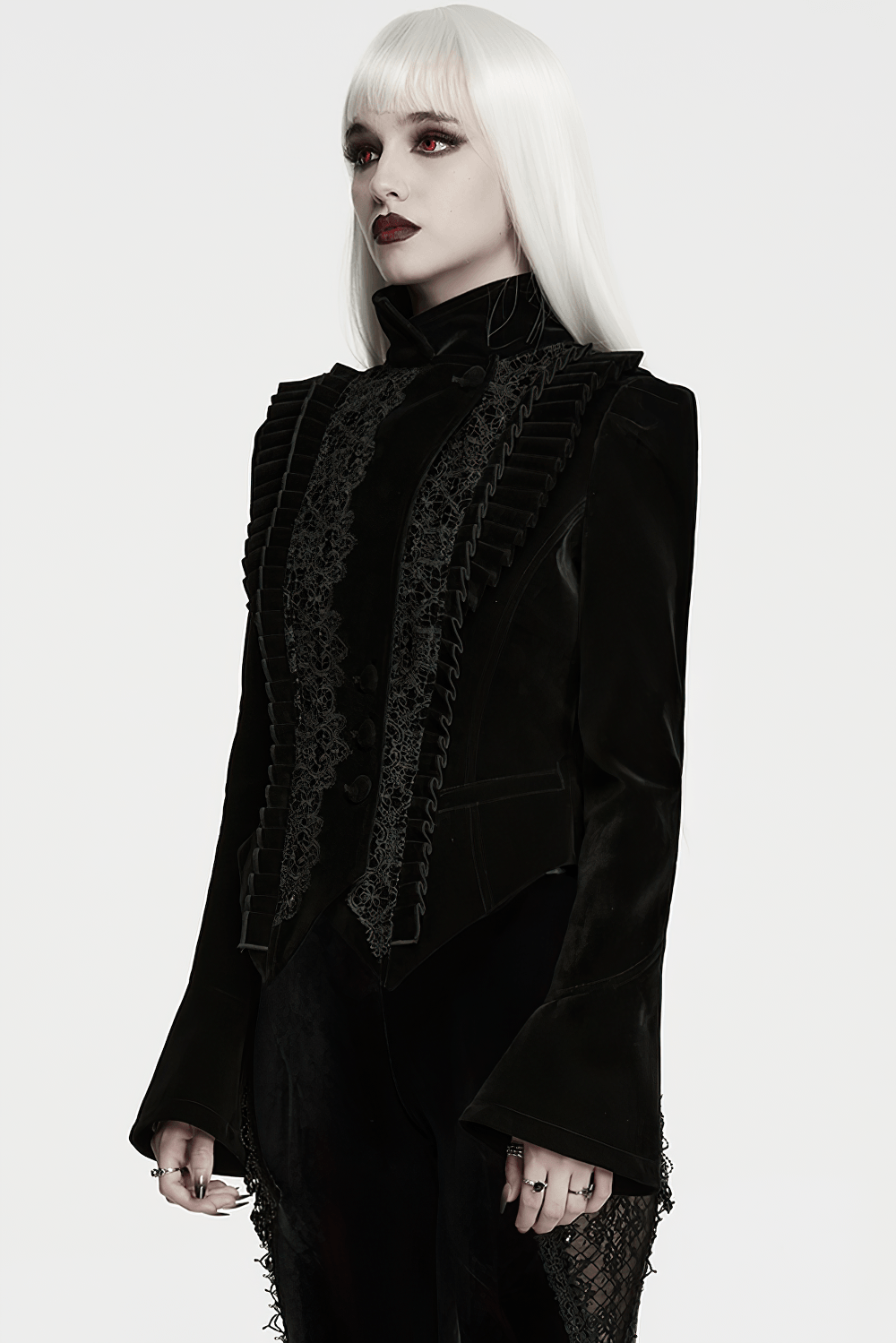 Elegant Black Gothic Velvet Jacket with Lace Detail