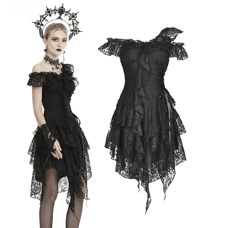 UK SALE of Elegant Black Lace Dress With Ribbon Accents And Sheer Overlay