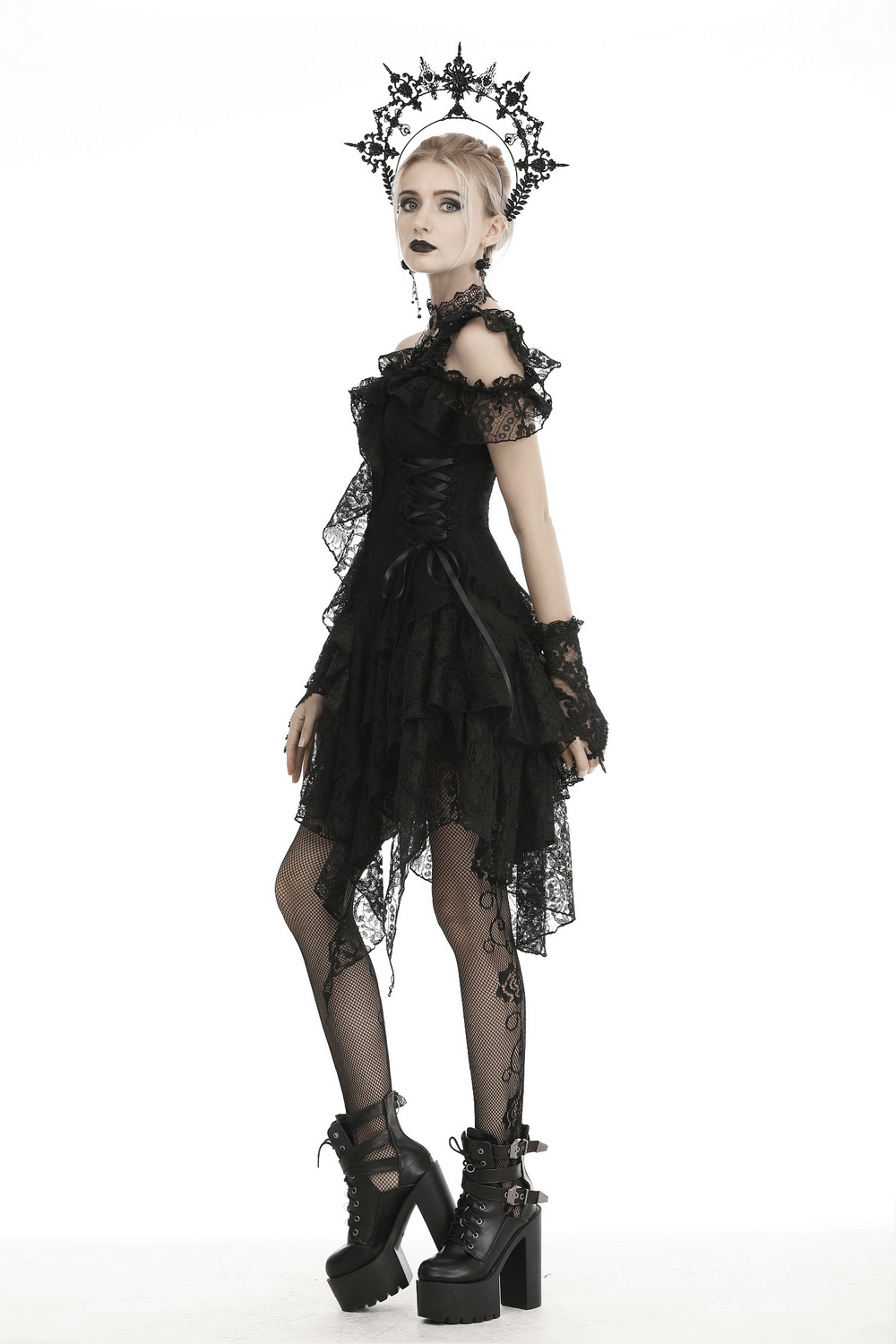 UK SALE of Elegant Black Lace Dress With Ribbon Accents And Sheer Overlay