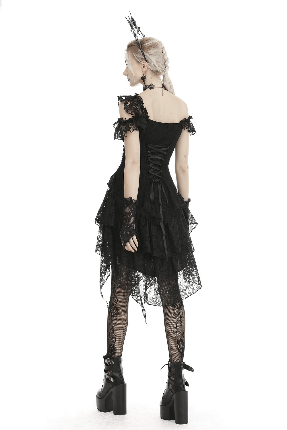 UK SALE of Elegant Black Lace Dress With Ribbon Accents And Sheer Overlay