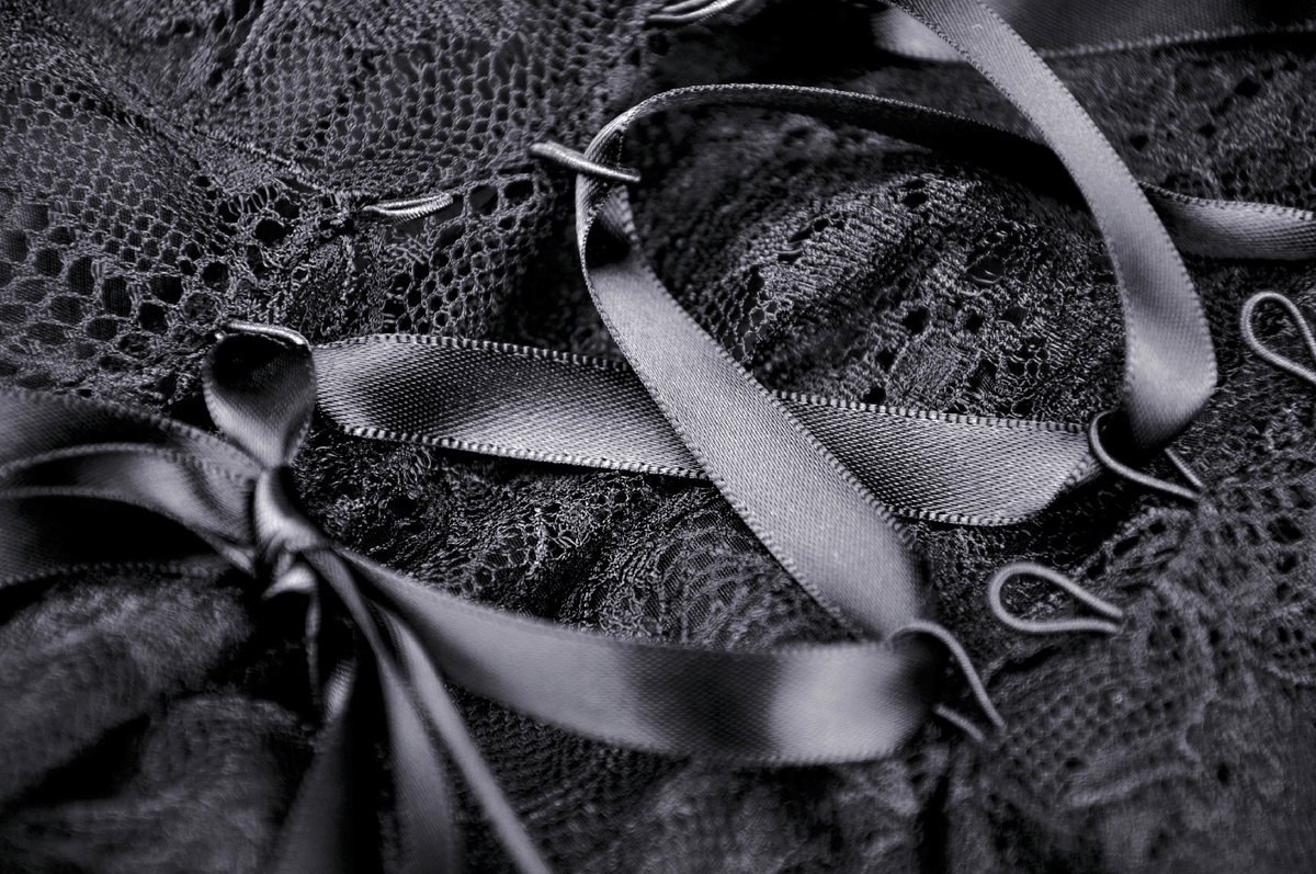 UK SALE of Elegant Black Lace Dress With Ribbon Accents And Sheer Overlay