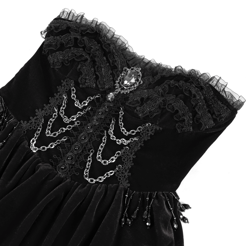 Elegant Black Lace Evening Dress with Beads and Chains