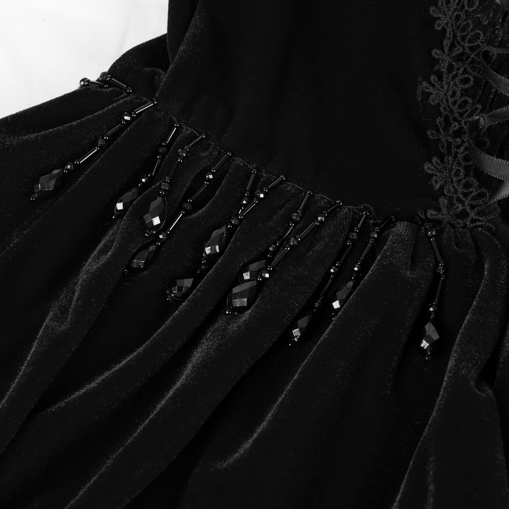 Elegant Black Lace Evening Dress with Beads and Chains
